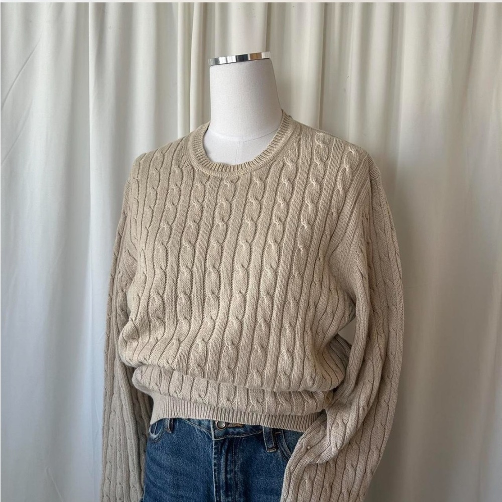 Vintage 100% Cotton Crewneck Cable Knit Sweater, Beige, Medium